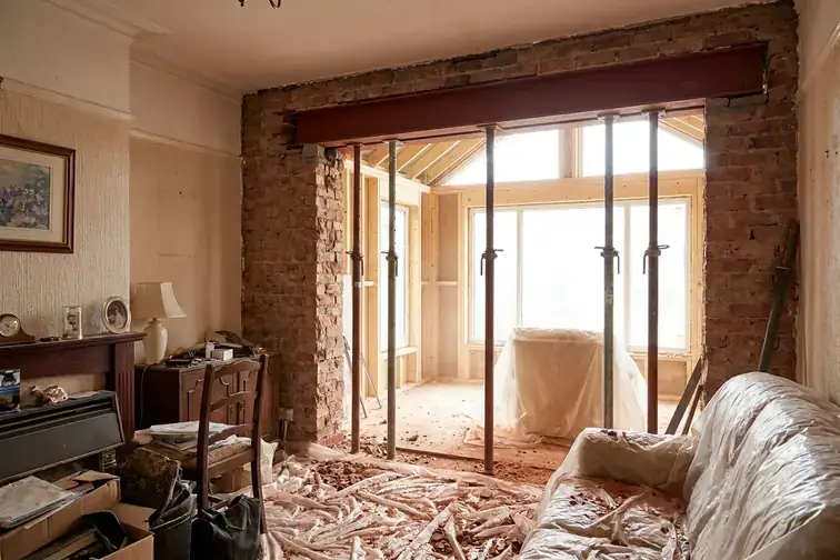 Ruwbouw van een aanbouw achteraan een Vlaamse rijwoning, met stalen ligger boven de doorbraak